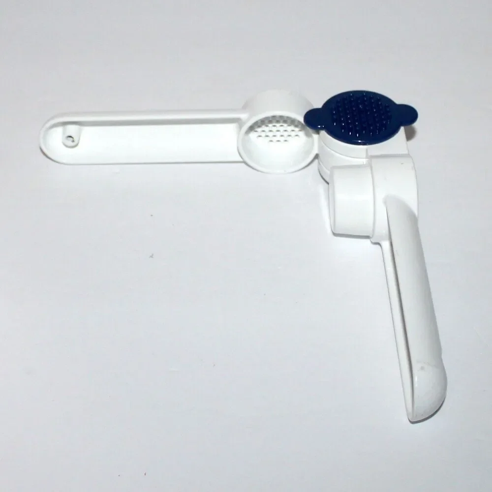 Tupperware Garlic Press with blue cleaning tool metal enamel white retro